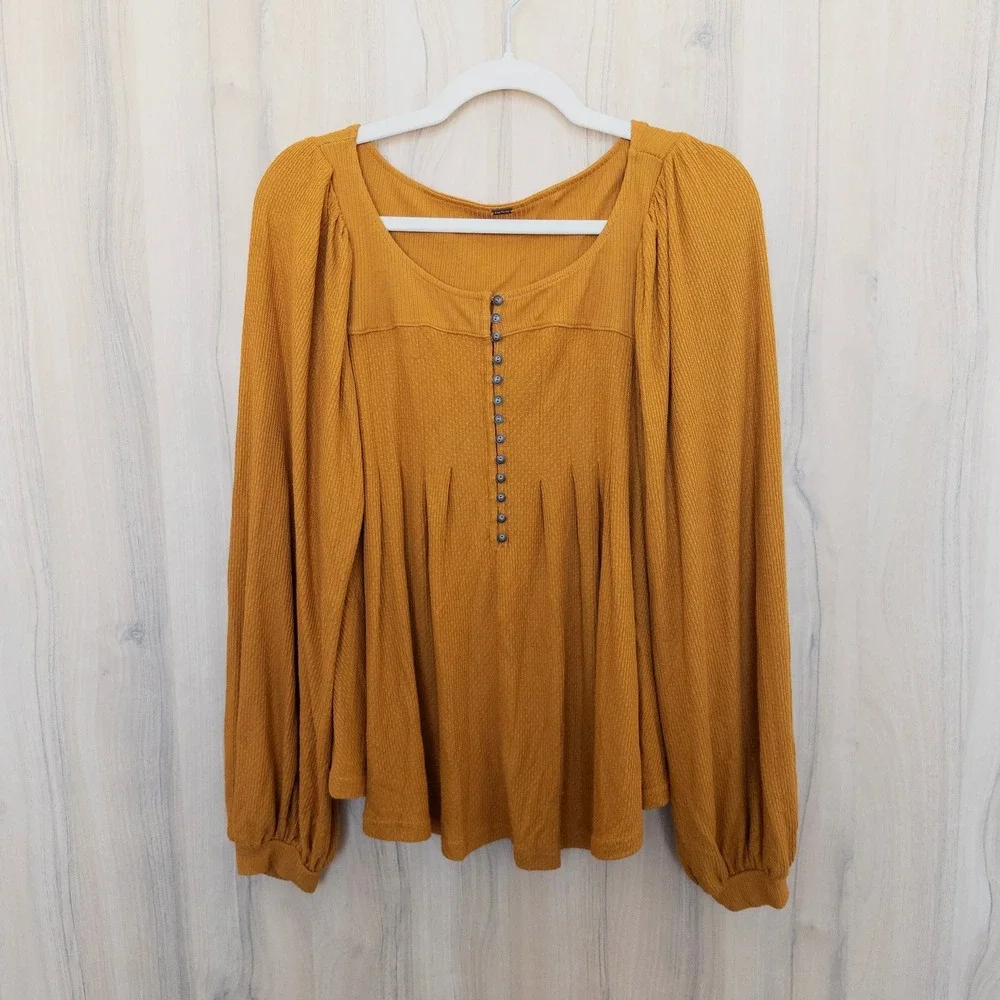 Free People Devin Henley Top XS Mustard Yellow Button Front Boho Peasant Cottage